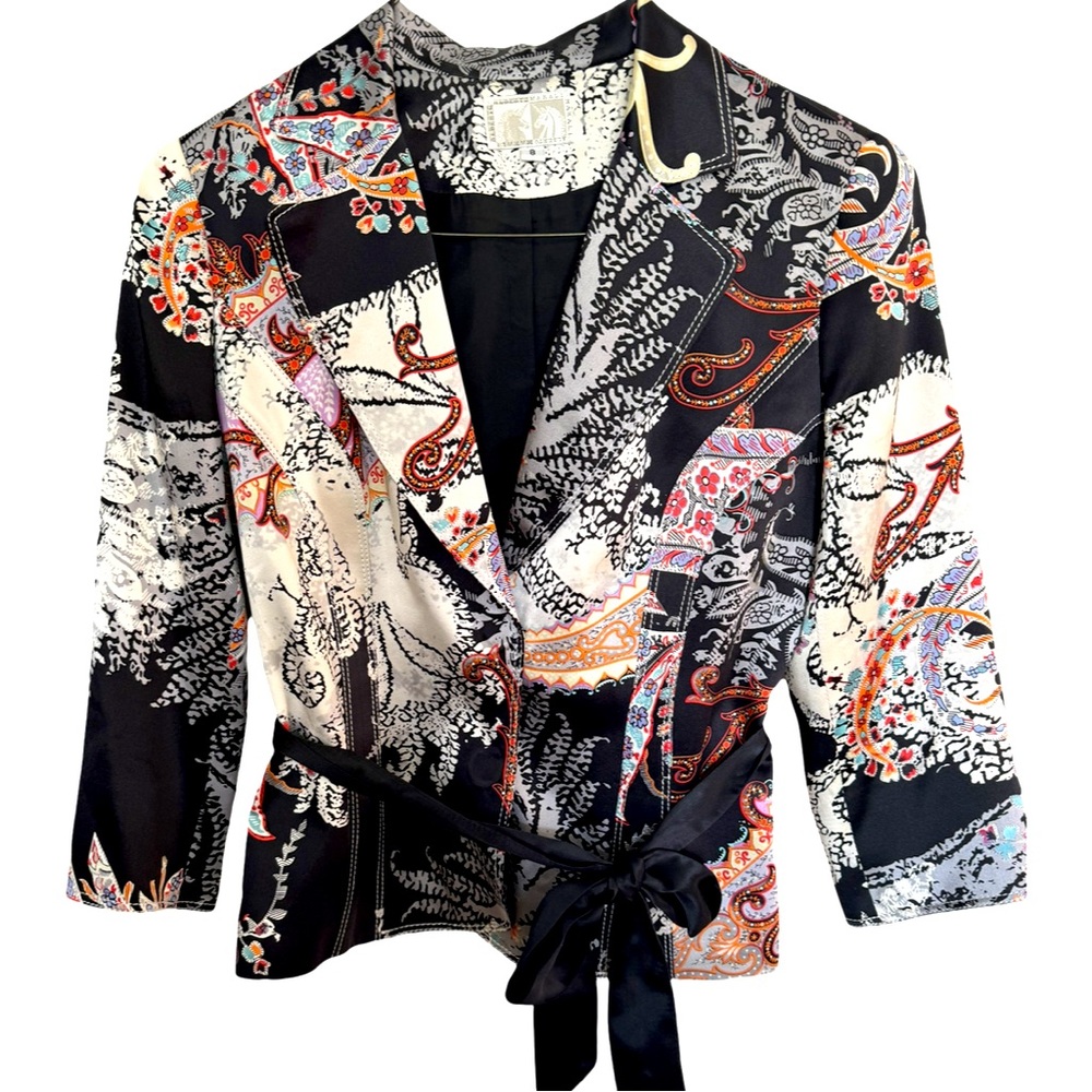 Alberto Makali Size 8 100% Silk Lined Colorful Asian Print Blazer Shoulder Pads